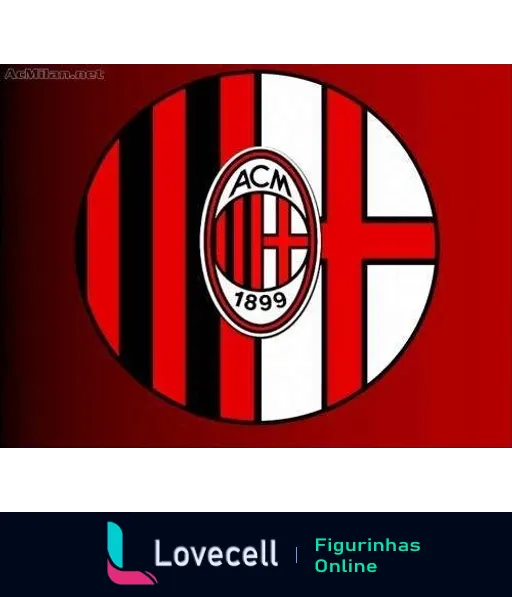 Figurinha do escudo do AC Milan com listras vermelhas e pretas, logotipo e ano de fundação 1899, em círculo central com bandeira da Inglaterra