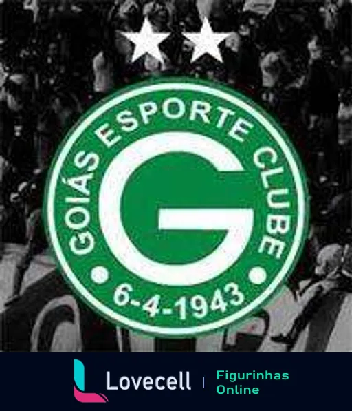 Figurinha do escudo do Goiás Esporte Clube com cor verde predominante, letra 'G' grande ao centro e data de fundação '6-4-1943' destacada