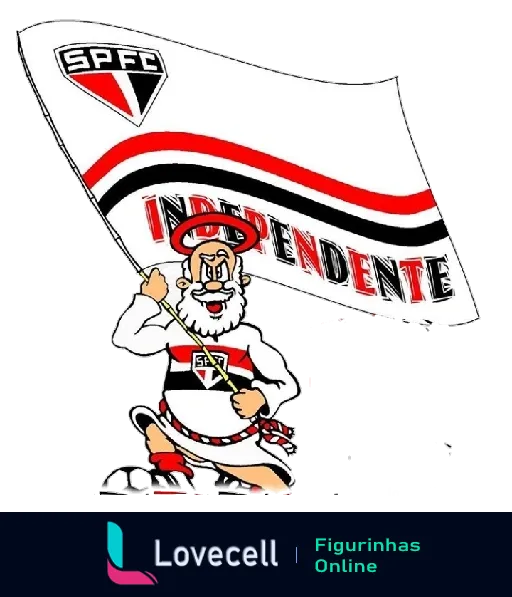 Mascote do São Paulo Futebol Clube vestido de Papai Noel segurando bandeira com 'Independente SPFC'