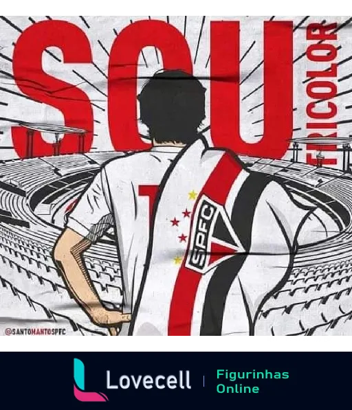 Fã de futebol com camisa do São Paulo FC de costas observando texto 'SOU TRICOLOR' com ilustrações de amor e orgulho pelo clube