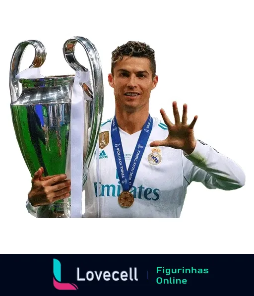 Jogador do Real Madrid comemorando com o troféu da Champions League, exibindo medalha e mostrando cinco dedos