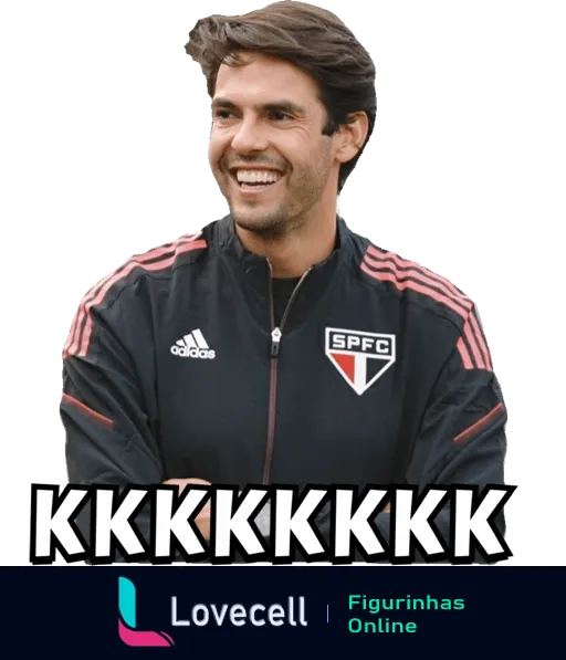 Homem sorrindo com agasalho do São Paulo FC e logotipo da Adidas, texto 'KKKKKKK' indicando risada, em momento de celebração