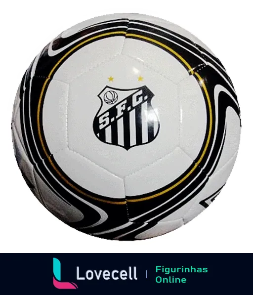 Bola de futebol com escudo do Santos Futebol Clube, decorada em preto e branco, representando as cores do time