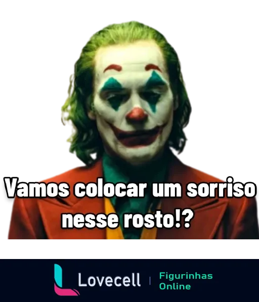 Figurinha do Coringa com maquiagem de palhaço, cabelos verdes e sorriso forçado, dizendo 'Vamos colocar um sorriso nesse rosto!?'