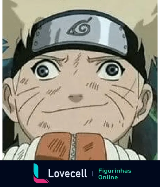 Figurinha de Naruto Uzumaki surpreso, usando bandana de Konoha e uniforme laranja no anime Naruto