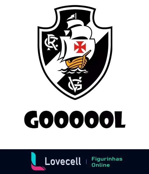 Figurinha com escudo do Vasco da Gama e palavra 'GOOOOL' em destaque, celebrando um gol do clube no design moderno preto e branco