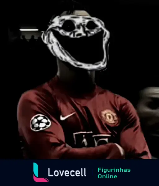 Imagem de um jogador do Manchester United com uma máscara de Trollface, destacando a camiseta vermelha e o logo do clube.