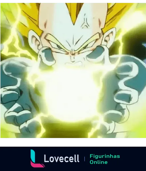 Vegeta realizando um ataque poderoso com uma explosão de energia brilhante entre suas mãos, mostrando grande força e determinação.