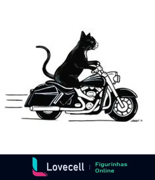 Ilustração de um gato negro montado em uma moto estilosa, em movimento, transmitindo uma sensação de velocidade e liberdade.