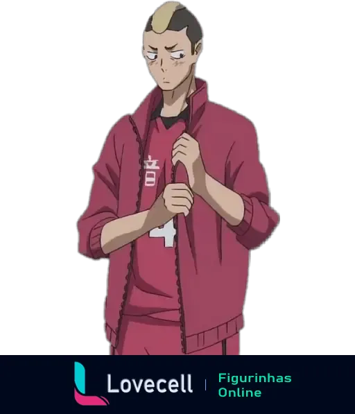 Personagem da animação Haikyuu vestindo uma roupa de treino vermelha, com expressão pensativa e fechando o zíper da jaqueta.