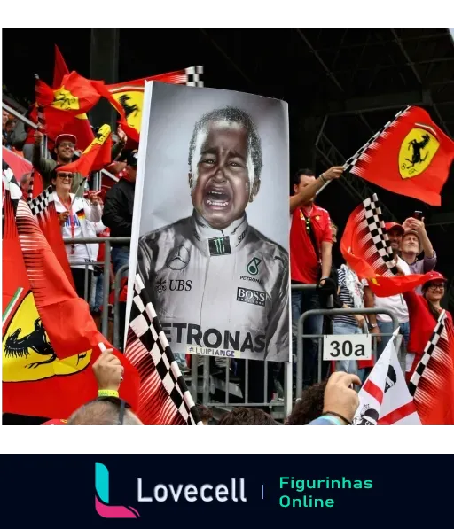 Caricatura de homem com uniforme da Scuderia Ferrari, incluindo logos da Petronas e da UBS, cercado por torcedores agitando bandeiras da Ferrari