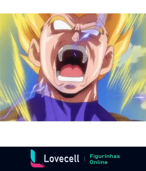 Figurinha de Vegeta gritando enquanto se transforma em Super Saiyajin, com raios de energia ao redor e expressão intensa.