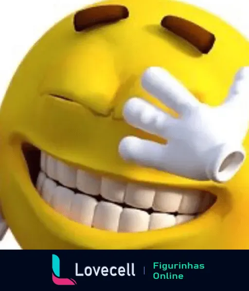 Emoji amarelo rindo com os dentes à mostra e tapando o nariz com a mão engraçadamente, representando algo malcheiroso.