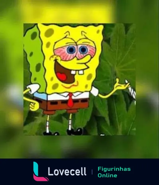 Figurinha do Bob Esponja Calça Quadrada feliz com as mãos levantadas e um grande sorriso, sobre fundo de folhas de cannabis