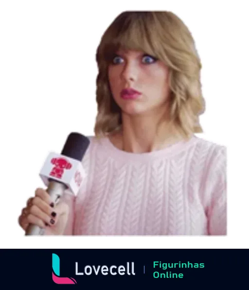 Taylor Swift expressando surpresa com blusa de lã rosa e segurando microfone com logo Z100 durante entrevista