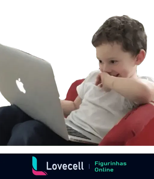 Figurinha Gavin meme de um menino rindo enquanto usa um notebook, transmitindo diversão e leveza. Ideal para momentos engraçados e descontraídos.