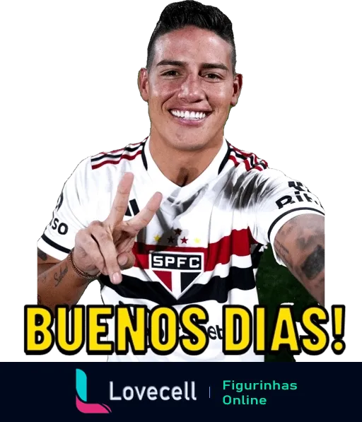 Figurinha de WhatsApp 'Buenos Dias' com jogador do São Paulo sorrindo e fazendo sinal de paz, uniforme branco e vermelho, escudo visível