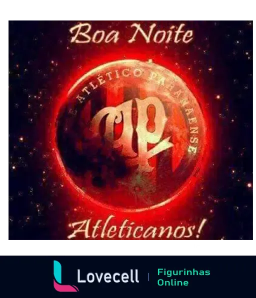 Figurinha do WhatsApp dizendo 'Boa Noite Atléticos' com o logo do Clube Atlético Paranaense em um círculo luminoso sobre um fundo escuro e estrelado