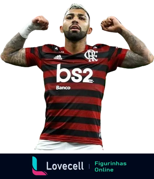 Jogador do Flamengo comemorando vitória, vestindo uniforme com patrocínio bs2, expressando paixão e orgulho pelo futebol