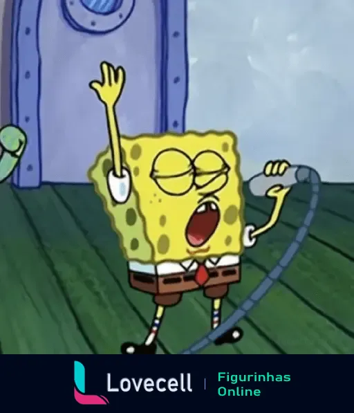 Bob Esponja, personagem animado amarelo e quadrado, cantando com um microfone, olhos fechados e braço levantado, transmitindo muita energia.