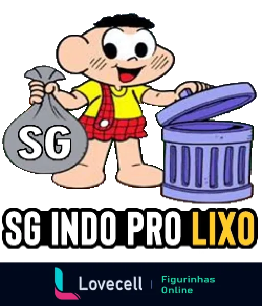 Figurinha do Simão Gastão jogando saco com iniciais SG em lixeira azul, com texto 'SG Indo Pro Lixo'