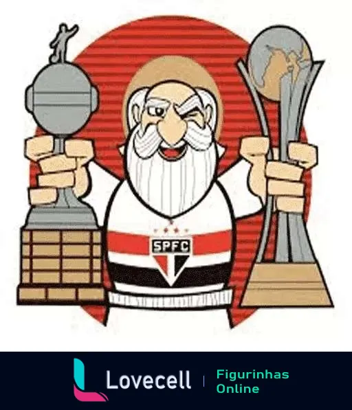 Mascote do São Paulo Futebol Clube, senhor com barba branca e uniforme com iniciais SPFC, segurando dois troféus em frente a fundo vermelho