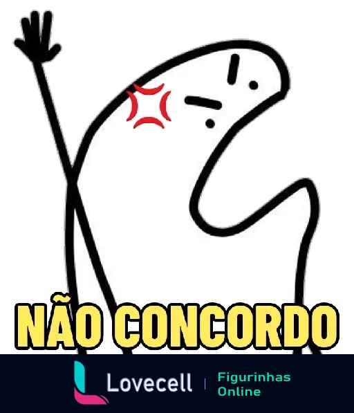 Figurinha do Flork com expressão de descontentamento e mão levantada segurando um tridente, texto 'NÃO CONCORDO' na parte superior