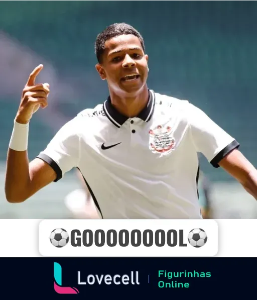 Jogador do Corinthians comemorando gol no campo, vestido com uniforme oficial branco e preto, apontando para cima, com texto 'GOOOOOOOOL' em destaque