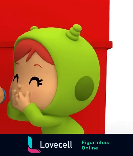 Personagem de POCOYO trajado de verde com um grande sorriso encantado e mãos no rosto, diante de um fundo vermelho vibrante.