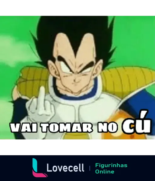 Personagem de Dragon Ball Z com expressão irritada e fazendo um gesto ofensivo com o dedo, acompanhado pelo texto 'Vai Tomar no Cú'.