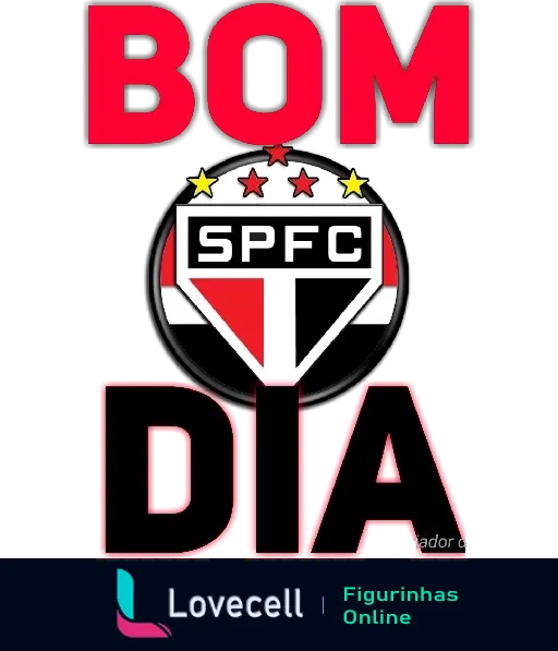 Figurinha de 'Bom Dia' com emblema do São Paulo Futebol Clube em destaque, letras vermelhas ao fundo e três estrelas douradas acima do emblema representando conquistas do clube