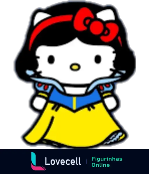 Hello Kitty vestida com o clássico traje amarelo, azul e vermelho da Branca de Neve, incluindo um laço vermelho na cabeça.