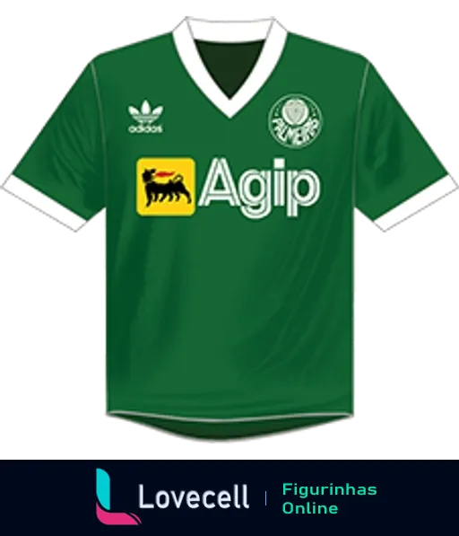 Figurinha da camisa de futebol do Palmeiras verde com logotipo da Adidas, símbolo do Palmeiras ao centro e patrocínio da Agip