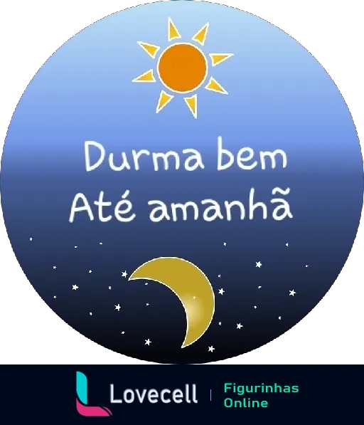 Sticker de WhatsApp com imagem de céu dividido em noturno e diurno, contendo um sol e uma lua crescente cercados por estrelas, e texto 'Durma bem Até amanhã' para despedida carinhosa ao fim do dia