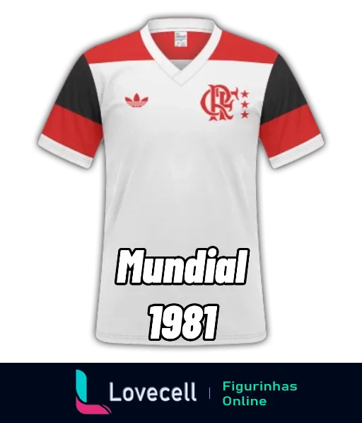 Figurinha da camisa do Flamengo com logotipo da Adidas e escudo do clube, em faixas vermelhas e pretas, celebrando a vitória no Mundial de 1981