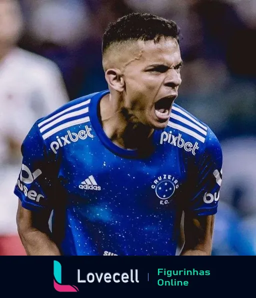 Jogador do Cruzeiro comemorando com camisa azul, logos da Pixbet e Adidas, em estádio lotado