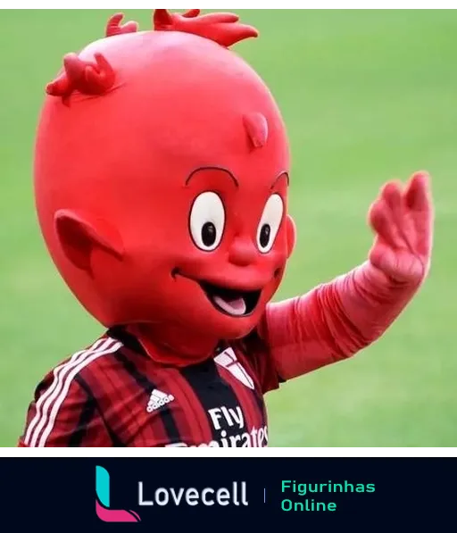 Mascote do AC Milan acenando, vestindo camisa listrada vermelha e preta com patrocínio da Fly Emirates e logo da Adidas