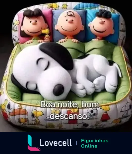 Ilustração de Snoopy dormindo em uma cama, com Charlie Brown, Lucy e Linus ao fundo. Texto: 'Boa noite, bom descanso!'