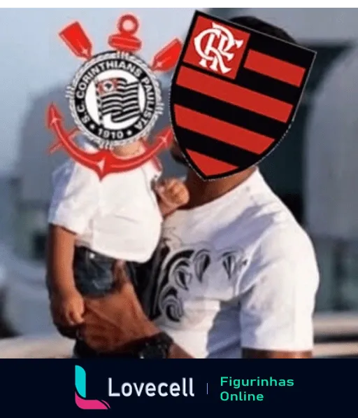 Rivalidade Flamengo x Corinthians com dois adultos usando camisetas brancas e rostos cobertos pelos escudos dos times, simbolizando disputa esportiva em fundo neutro.