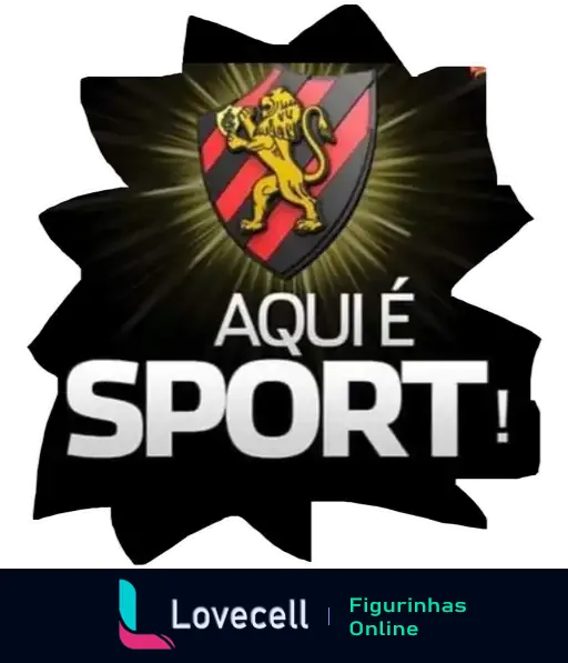 Figurinha com emblema do Sport Club do Recife, leão dourado ao centro, faixas pretas e frase 'AQUI É SPORT!' em branco