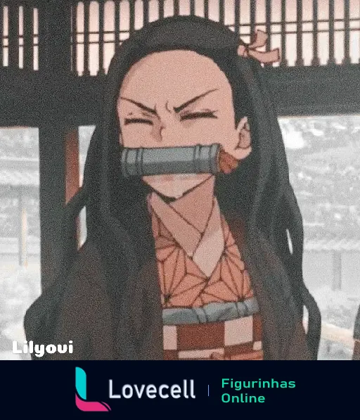 Sticker da Nezuko Kamado com expressão engraçada e mordendo um bambu, personagens de anime, imagem animada em fundo neutro. Texto: Lilyoui.