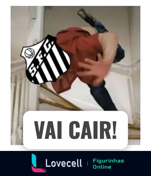 Figurinha humorística de WhatsApp mostrando um homem caindo com a cabeça substituída pelo escudo do Santos FC e a legenda 'VAI CAIR!' em referência ao desempenho do time