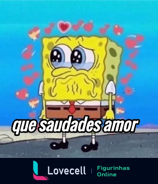 Bob Esponja Apaixonado com olhos lacrimejantes e corações ao redor, mostrando saudades de seu amor.