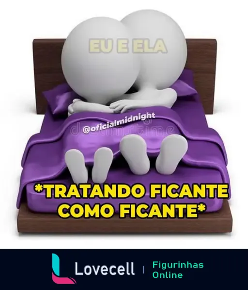 Dois personagens sem rosto deitados abraçados em uma cama com lençóis roxos. Texto na parte superior: 'EU E ELA'. Texto na parte inferior: '*TRATANDO FICANTE COMO FICANTE*'. Marca d'água com '@oficialmidnight'.