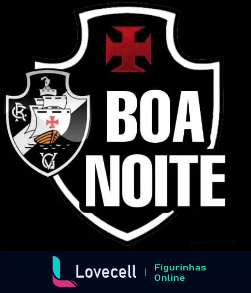 Figurinha 'Boa Noite' com escudo do Vasco da Gama, mostrando caravela e cruz de malta em fundo preto e branco