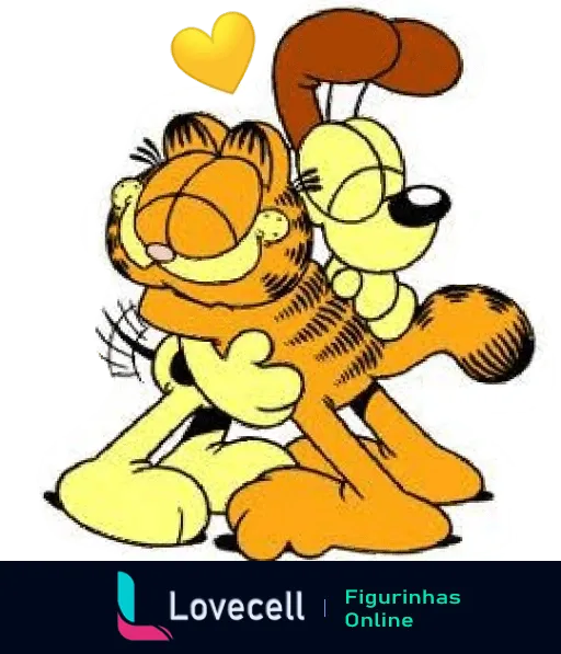 Garfield, o gato laranja, abraçando calorosamente Odie, o cão amarelo, com um coração amarelo acima representando amor e amizade