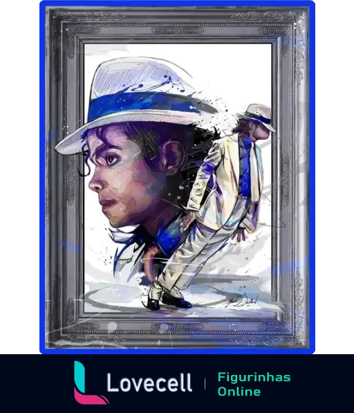 Arte retratando Michael Jackson com seu icônico chapéu branco e terno, em uma pose inclinada famosa.