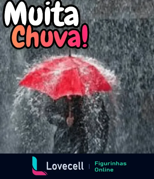 Pessoa com guarda-chuva vermelho debaixo de forte chuva. Texto na imagem diz 'Muita Chuva!'. Ideal para situações climáticas.