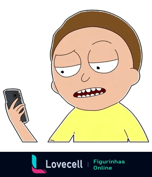 Figurinha do Morty de 'Rick and Morty' segurando celular com expressão ansiosa