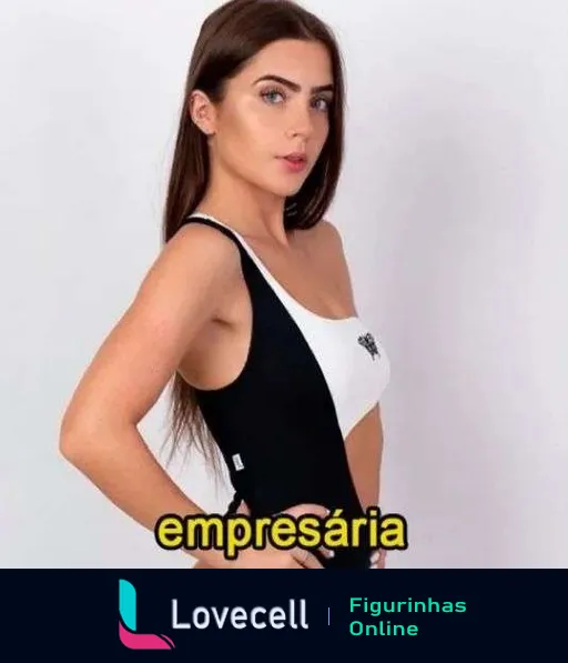 Figurinha de WhatsApp mostrando Jade Picon como uma empresária, jovem com cabelos longos, vestida em preto e branco, olhando confiantemente para a câmera com a palavra 'empresária' destacada